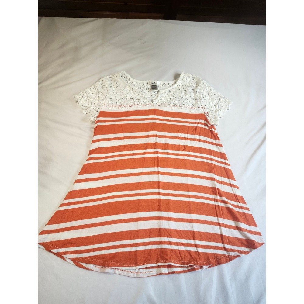 Isela Womens Orange White Striped Crochet Lace Yoke Short Sleeve Top Medium
